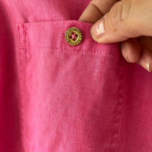 ELLEN TRACY Roll Tab Sleeve Linen Tunic Hot Pink V Neck Blouse Pockets Size M - Picture 5 of 9